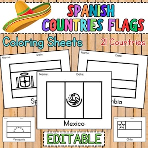 EDITABLE Spanish Speaking Countries Flags Coloring Sheets