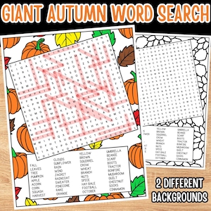 May include: Two autumn-themed word search puzzles with pumpkins, leaves, and a list of related words. The puzzles have different backgrounds. The text "GIANT AUTUMN WORD SEARCH" is at the top.