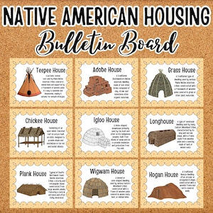 May include: A colorful chart with illustrations of different types of Native American housing, including a teepee, adobe house, grass house, chickee house, igloo, longhouse, plank house, wigwam, and hogan. Each illustration is accompanied by a brief description of the housing type.