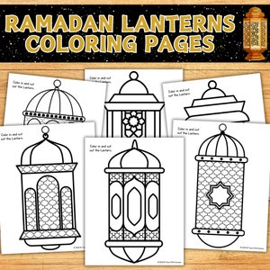 Può includere: Una collezione di pagine da colorare di Lanterne del Ramadan. Ogni pagina presenta un diverso design di lanterna in bianco e nero, pronto per essere colorato. Il testo "RAMADAN LANTERNS COLORING PAGES" è in alto. Istruzioni per colorare e ritagliare le lanterne.