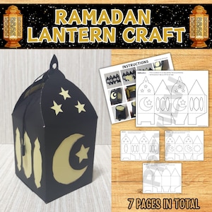 May include: A printable Ramadan lantern craft template with instructions. The template includes a black and white outline of a lantern with stars and a crescent moon. The instructions show how to fold and assemble the lantern.