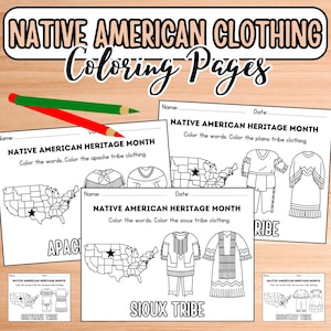 Native American Erbe Monat Malvorlagen | Indigene Kleidung Arbeitsblätter zum Ausmalen | Indianerstämme Kleidung & Karte