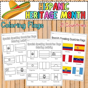 Hojas para colorear de países de habla hispana / Hoja de trabajo con las banderas del Mes de la Herencia Hispana