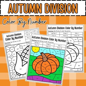 May include: Autumn-themed educational worksheets titled "Autumn Division Color By Number." The worksheets feature images of a cornucopia and pumpkins, with color-by-number activities. The text includes instructions and a color key for each image.