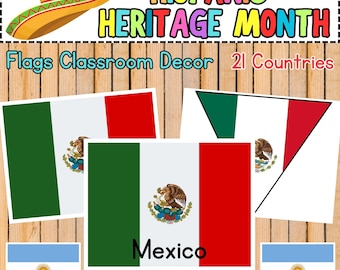 Banderas de países de habla hispana / Decoración de aulas para el Mes de la Herencia Hispana / Decoración hispana / Banderines con banderas / Banderas etiquetadas