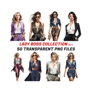 Puede incluir: Una colección de ilustraciones digitales que representan a mujeres con diferentes atuendos de negocios. Las ilustraciones son de estilo de dibujos animados y presentan una variedad de poses y expresiones. El texto "Lady Boss Collection No. 1 50 Transparent PNG Files" se muestra en la parte inferior de la imagen.