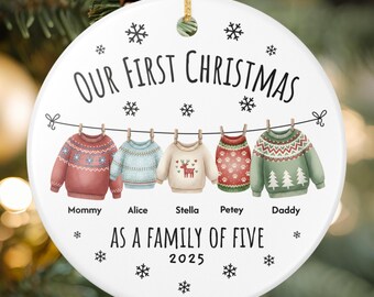Personalized First Christmas as a Family of Five Ornament With Pet, Customized Names Ceramic Tree Decoration With Dog