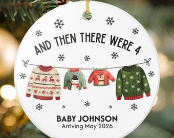 Personalized Pregnancy Announcement Ornament, Customized Baby Christmas Ornament, Second Baby Coming Soon Ceramic Ornament, Family of Four