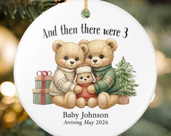 Personalized Pregnancy Announcement Bear Ornament, Custom Ceramic Christmas Gift, Family of Three, First Baby, Baby Coming Soon