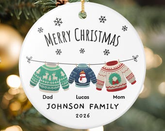 Personalized Family of Three Ceramic Christmas Ornament, Customized Name 2026 Holiday Ornament