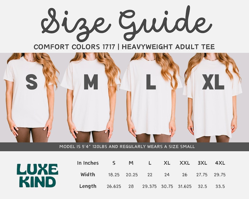 K&ouml;nnte beinhalten: Gr&ouml;&szlig;entabelle f&uuml;r ein schweres T-Shirt f&uuml;r Erwachsene. Die Tabelle zeigt die Breite und L&auml;nge in Zoll f&uuml;r die Gr&ouml;&szlig;en S bis 4XL. Das Model ist 1,63 m gro&szlig; und wiegt 54 kg und tr&auml;gt Gr&ouml;&szlig;e S.