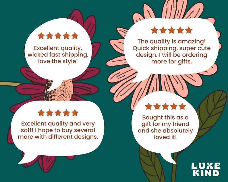 May include: Four customer reviews with five star ratings for a product. The reviews are written in white text on a white speech bubble with a brown outline. The speech bubbles are positioned on a green background with pink and red flower illustrations.