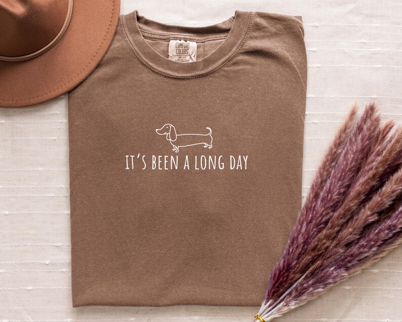 May include: A brown t-shirt with the phrase "IT'S BEEN A LONG DAY" and a white dachshund illustration. A brown hat and a bundle of dried purple flowers are also in the image.
