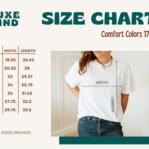 May include: Size chart for a t-shirt with measurements in inches. The chart shows the width and length of the shirt in sizes S, M, L, XL, 2X, 3X, and 4X. The text "Comfort Colors 1717" is also visible.