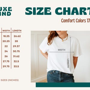 May include: Size chart for t-shirts in US sizes, showing width and length measurements in inches. The chart includes sizes S through 4X. Comfort Colors 1717 is printed at the top of the chart.