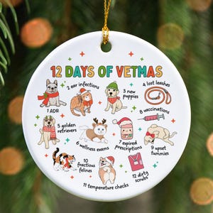 May include: A round white ceramic ornament featuring the text 12 DAYS OF VETMAS and colorful illustrations of animals and veterinary items, including dogs, cats, a leash, a syringe, and a scrub top, all arranged with numbered labels.