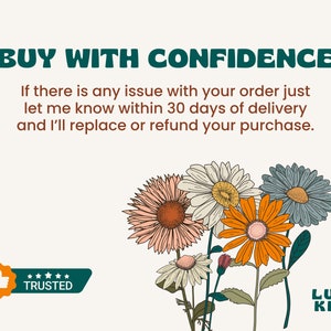 May include: A graphic with the text "BUY WITH CONFIDENCE" and a message about a 30-day return policy. The graphic features a thumbs up icon with the word "TRUSTED" and a floral design with the text "LUXE KIND".
