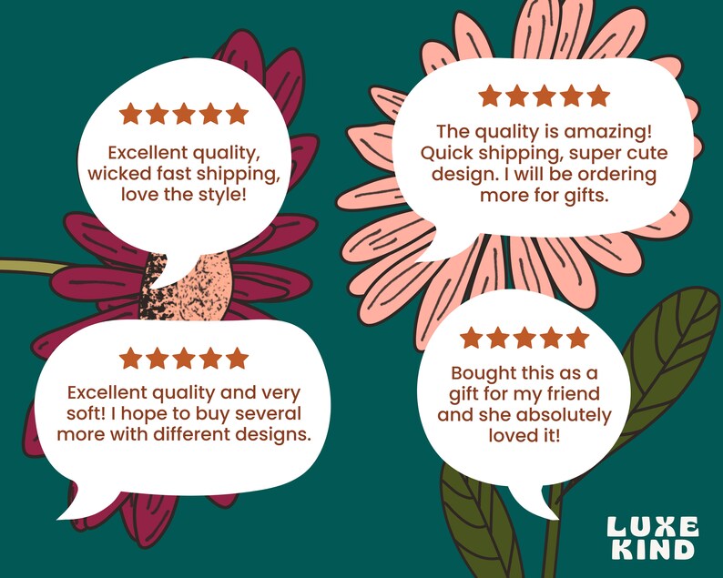 May include: Four customer reviews with five stars each, displayed in speech bubbles with a floral background. The reviews highlight the quality, shipping speed, and overall satisfaction with the product. The text includes phrases like "excellent quality", "wicked fast shipping", "super cute design", and "absolutely loved it!"
