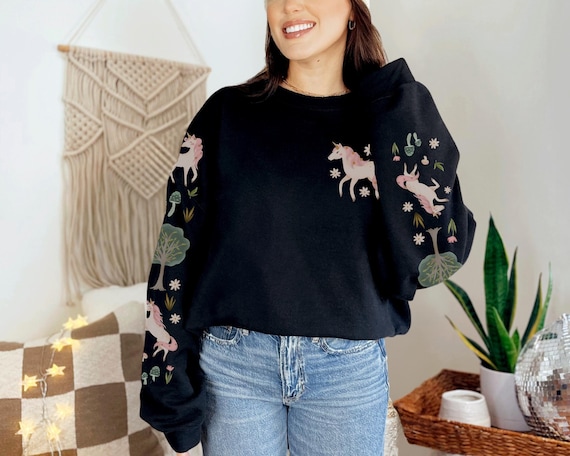 Unicorn Sweatshirt, Unicorn Garden Sweater for Adults, Woodland Aesthetic, Cottagecore Clothing, Nature Crewneck, Cottage Core Gifts