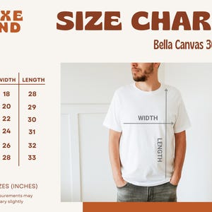 May include: Size chart for Bella Canvas 3001 t-shirts, showing measurements in inches for width and length for sizes S through 3X.