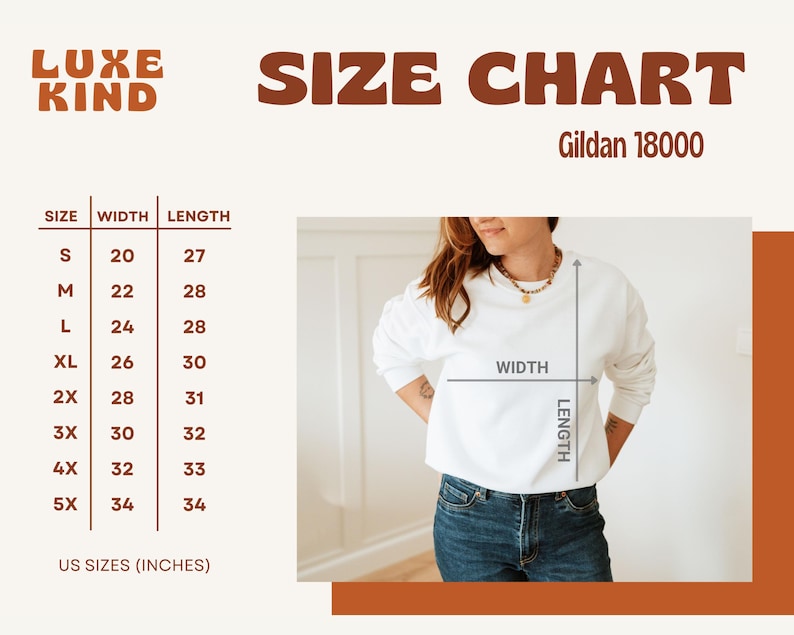 May include: Size chart for Gildan 18000 t-shirts, showing measurements in inches for sizes S through 5X. The chart includes width and length measurements.