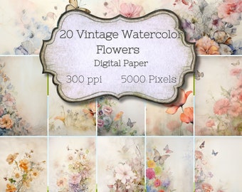 Vintage Watercolor Flowers Digital Paper for Scrapbooking, Web design, invitations, Printable JPEG PNG images,  commercial license included