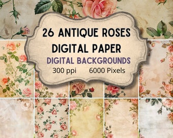 Antique Watercolor Roses Digital Backgrounds for Portraits, landscapes, Scrapbooking, invitations, Printable PNG images,  commercial license