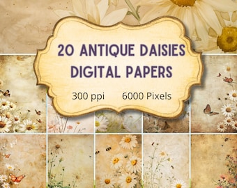 Antique Daisies Digital Paper Backgrounds for Scrapbooking, Web design, invitations, Printable JPEG PNG images,  commercial license included