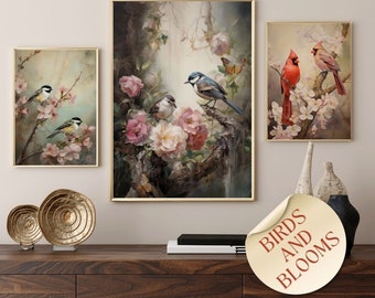 Song Birds and Flowers Wall Art, Set of 3, Wall Decor Digital Download, Printable painterly birds and floral Image set, romantic period art