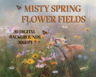 Digital Overlay Backgrounds for Portraits Landscapes Pets and Architecture, High Quality Misty Spring Flower Fields Digital Paper