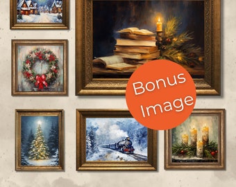 Oil Painting Christmas Printable WallArt Set, 5 Print Set, Christmas Wall Decor Gift, Digital Download, , Winter Gallery Wall, Impasto