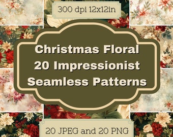 Christmas Floral Seamless Pattern Digital Paper, Impressionist Holiday Floral Patterns, Painterly Printable Background,  JPEG and PNG files