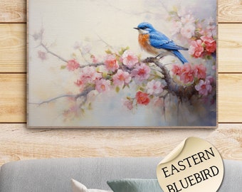 Bluebird and Flowers Wall Art, Eastern Bluebird Wall Decor Digital Download, painterly songbird and floral Image set, romantic period art