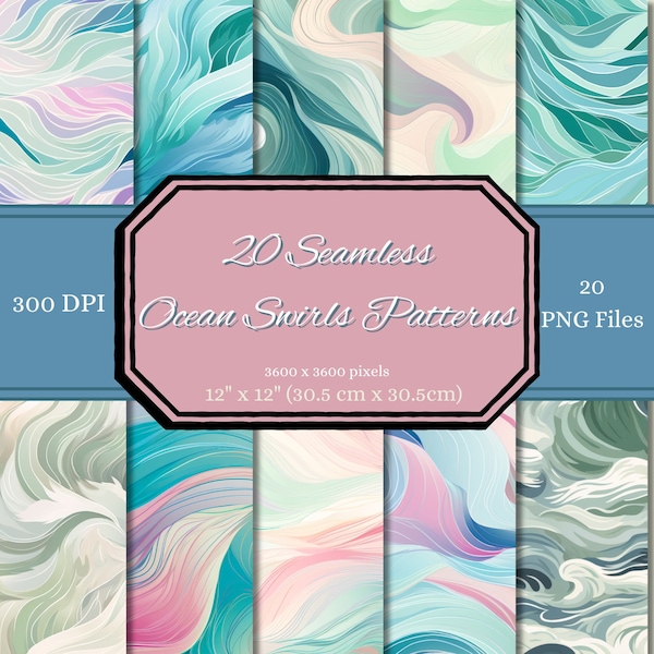 Ocean Waves Seamless Pattern, Digital Paper with Abstract swirls and waves in blues greens and pinks, Printable Ocean Inspired Background