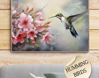 Hummingbird and Flowers Wall Art, Hummingbird Wall Decor Digital Download, painterly bird and floral Image set, romantic period printable