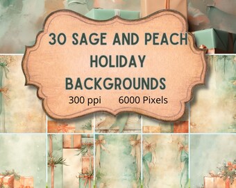 Gift boxes and Bows Holiday Digital Paper, Sage and Peach Christmas Vintage Photo backgrounds, commercial license