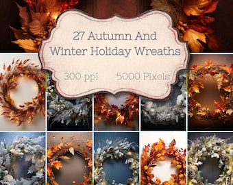 Autumn and Winter Wreaths Digital Paper for newborn, portraits, weddings, pets, and more. Photo backgrounds, commercial license included