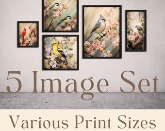 Song Birds and Flowers Wall Art, Set of 5, Wall Decor Digital Download, Printable painterly birds and floral Image set, romantic period art