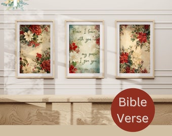 Christmas Bible Verse Wall Art, Set of 3, Wall Decor Digital Download, Printable religious inspirational artwork, Holiday Floral Image set