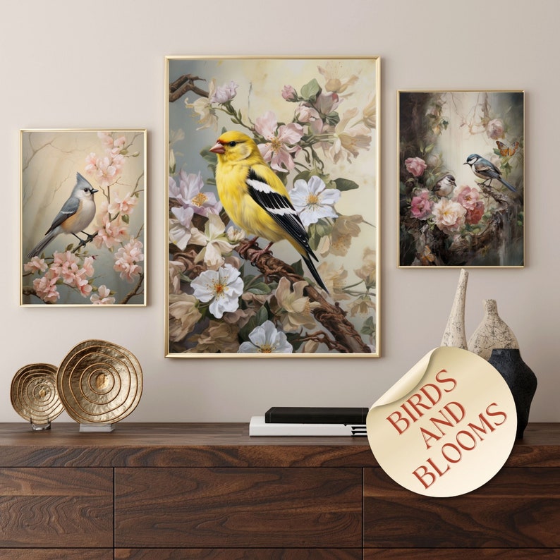 Song Birds and Flowers Wall Art, Set of 5, Wall Decor Digital Download, Printable Painterly
