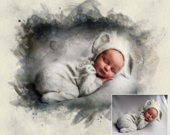Newborn Watercolor Gift from photo Custom Artwork Baby Personalized digital painting on canvas or print for new mom