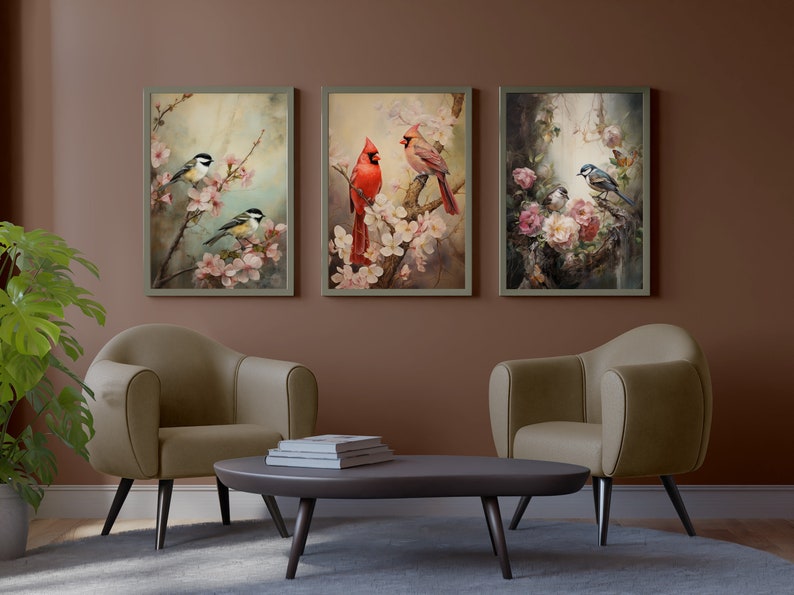 Song Birds and Flowers Wall Art, Set of 3, Wall Decor Digital Download, Printable Painterly