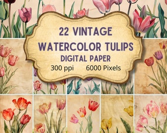 Watercolor Tulips Digital Paper Backgrounds for Scrapbooking, Web design, invitations, Printable JPEG images,  commercial license included