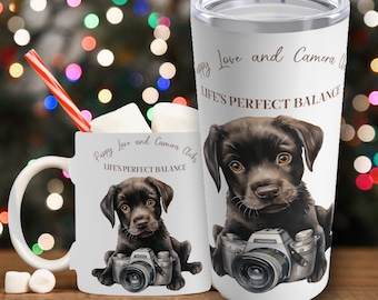 Gift for Photographer Black Lab Mug, 11, 12, 15 oz. Ceramic and Enamel. 20oz Tumbler available, Cute present for dog lover and photographer.