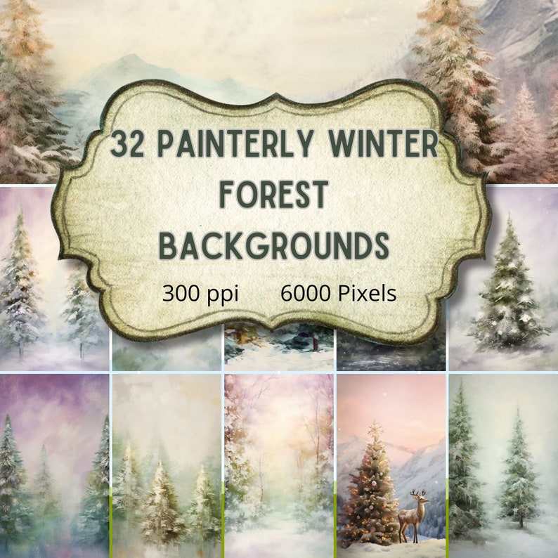 Winter Forest Digital Paper, Painterly Watercolor and Oil Photo backgrounds, Junk Journals, Scrapbooking, Textures, commercial license image 1