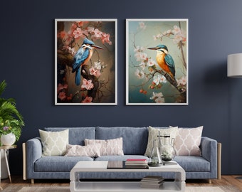 Kingfisher and Flowers Wall Art, Kingfisher Wall Decor Digital Download, painterly songbird and floral Image set, romantic period art