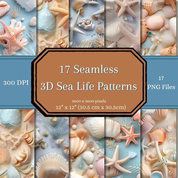 Sea Life Seamless Pastel 3D Style Pattern Digital Paper with Seashells and Starfish, Printable Seamless Ocean Creature Background