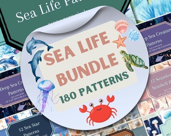 Sea Life BUNDLE Seamless Patterns, Digital Paper, Printable Background, Repeating Jellyfish, Starfish, Sea Turtle, crab, dolphin, seashell