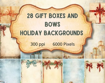 Vintage Gift boxes and Bows Holiday Digital Paper, Christmas Photo backgrounds, Junk Journals, Scrapbooking, commercial license