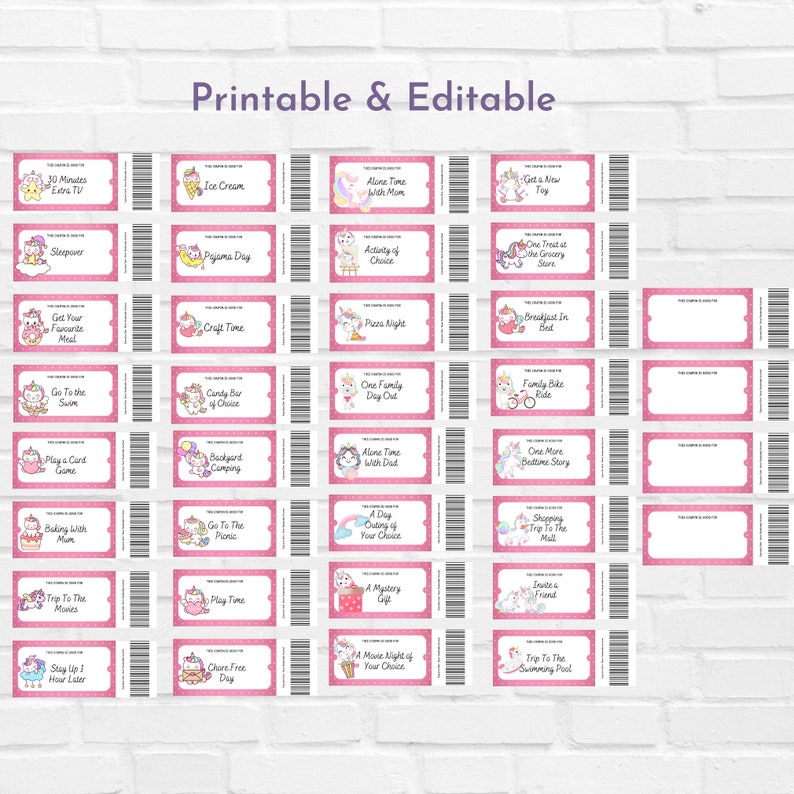 Kids Reward Coupons, Unicorn Reward Tickets, Prefilled Coupons, Blank